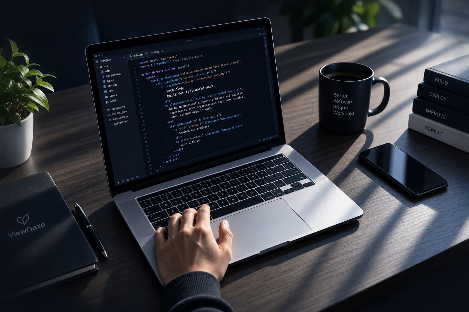 A developer's workspace with a laptop showing a ViewGaze code editor